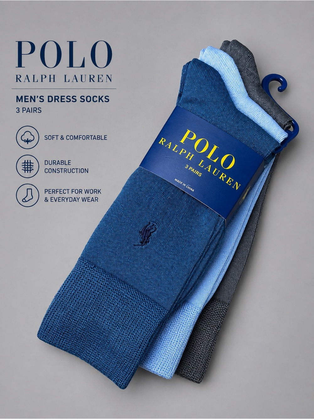Polo Ralph Lauren Men’s Dress Socks 3 Pack Blue Gray New